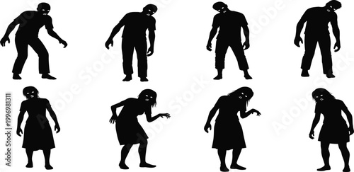 Black vector illustration of business people, a running child, and a family dance silhouette art