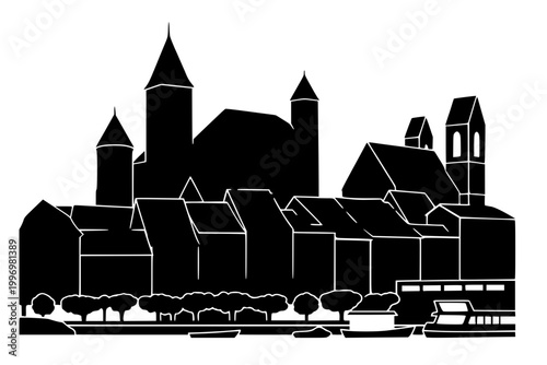 Medieval European riverside town skyline with castle towers, church steeples, rooftops, trees and boats on waterfront, bold black silhouette illustration isolated on background