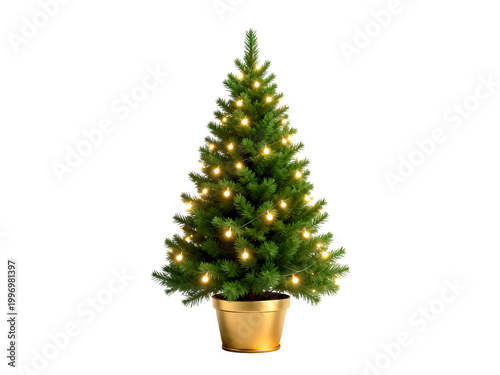 [Transparent Background PNG]Christmas Tree with Lights in Gold Pot on White Background
