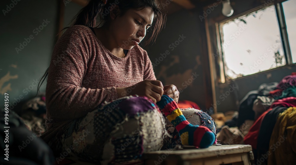 Fototapeta premium Woman sewing a colorful sock in a dimly lit room