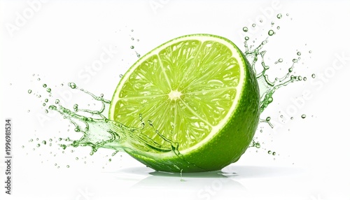 Single giant Squeezed Lime Wedge with water splash isolated on a white background