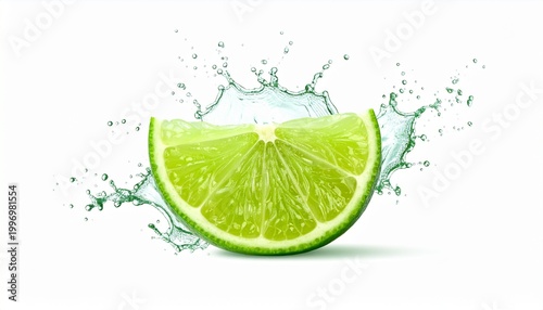 Single giant Squeezed Lime Wedge with water splash isolated on a white background