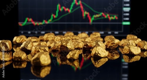 Glistening gold nuggets sit on a reflective surface with a blurred stock market chart in the background