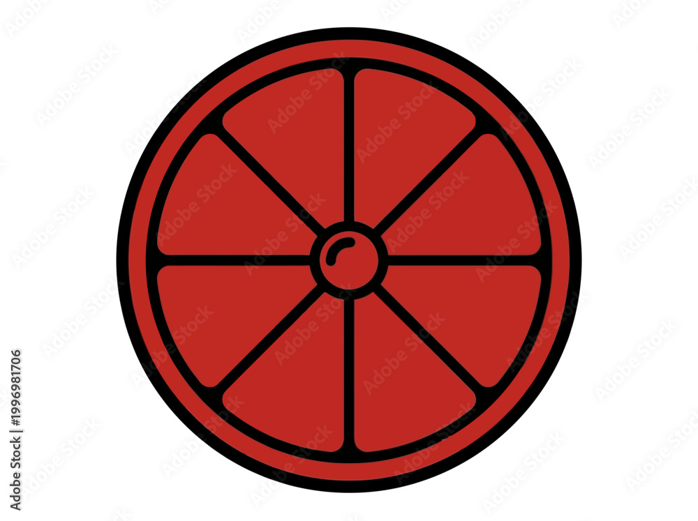 Fototapeta premium A simple red wheel icon with black outline and sections on a white background, conveying a minimalist and graphic design style.