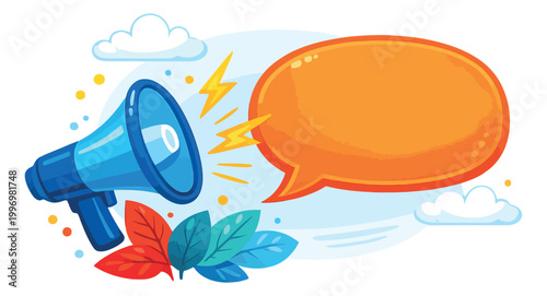 Colorful graphic illustration of a megaphone depicting an announcement with a blank speech bubble for marketing and communication concepts