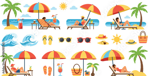 Summer Vacation Vector Set with Beach Umbrellas, Lounging People, Sunscreen, Ocean Waves, and Tropical Accessories for Relaxation, Travel, and Beach Holiday Designs