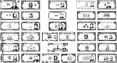 Obraz na plátně Collection of Hand-Drawn Historical Currency: A Detailed Black and White Line Ar
