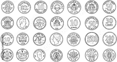 Schilderij op canvas Vintage Coins Collection Illustration: A Monochrome Array of World Currency