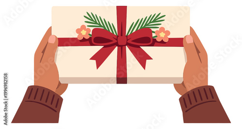 Flat design illustration of hands depicting a gift presentation for celebrations