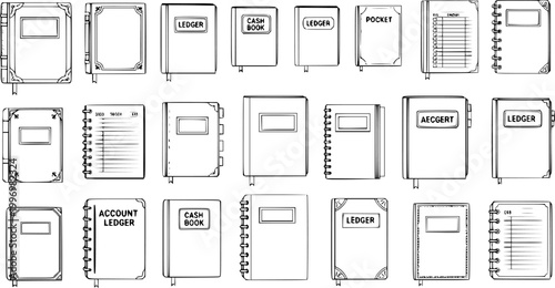 Foto Hand-drawn sketch set of various accounting ledgers, cash books, and notebooks in outline style, perfect for finance, business, and office themes
