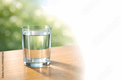 Minimal realistic illustration of a clear glass filled with fresh drinking water placed on a wooden table with soft natural sunlight and blurred green background. This visual represents hydration,