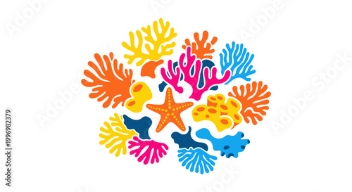 Colorful Coral Reef Marine Life Illustration.