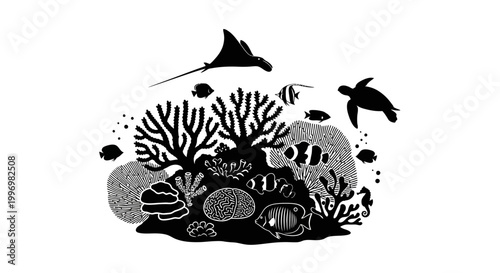 Black silhouette of coral reef ecosystem.