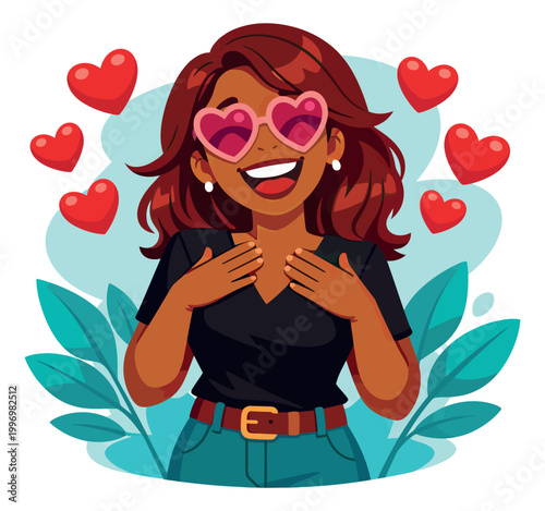 Modern flat illustration of a young woman depicting joy with heart sunglasses and floating hearts for love concepts