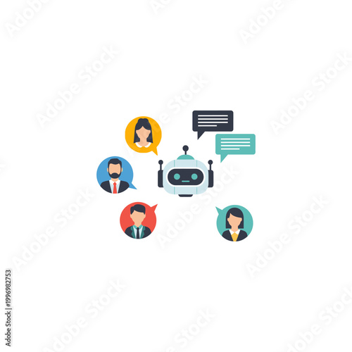 A robot communicates with a diverse group of people in a modern digital conversation