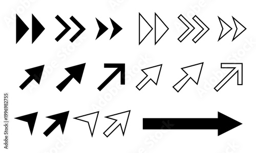 各種形状の矢印アイコンセットのモノクロベクターイラスト素材（斜め・右・二重等）