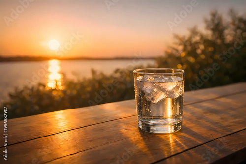 Realistic illustration of a clear glass filled with fresh ice water placed on a wooden table during golden sunset by the lakeside. Warm sunlight reflections create a calm and relaxing atmosphere,