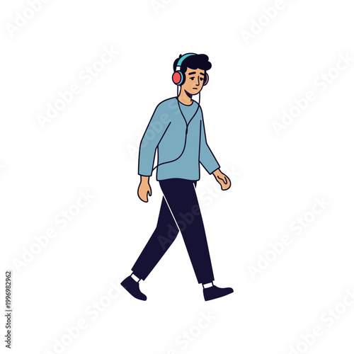 A man wearing headphones walks with a carefree expression on a plain background