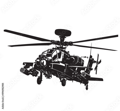 Attack Helicopter Silhouette Vector, Military Gunship in Flight, Black and White Aviation Illustration