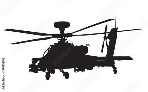 Attack Helicopter Silhouette Vector, Military Gunship in Flight, Black and White Aviation Illustration