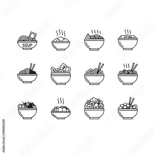 Collection of Asian Noodle Soup and Rice Bowl Icons with Steam in a Simple Line Art Style