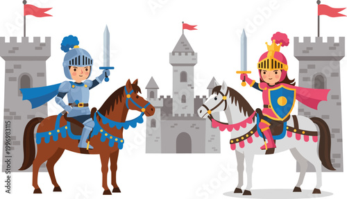 Medieval Knight and Castle Vector Set with Heroic Characters on Horses, Swords, and Colorful Armor for Kids' Illustrations, Fantasy Art, and Storytelling Designs
