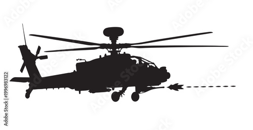 Attack Helicopter Silhouette Vector, Military Gunship in Flight, Black and White Aviation Illustration