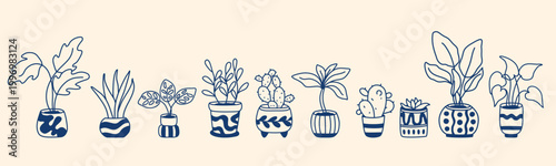 Hand drawn set of houseplants in clay pots. Flowerpot doodle style. Decorative home gardening plants for interiors and comfort. Vector elements