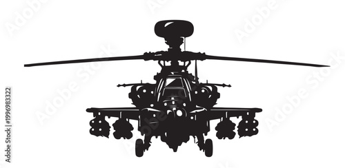 Attack Helicopter Silhouette Vector, Military Gunship in Flight, Black and White Aviation Illustration