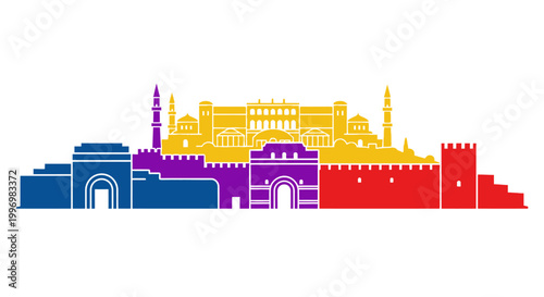 Colorful illustration of famous landmarks.