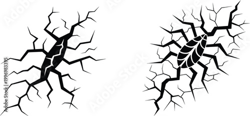 Black and white vector illustration of two unique wall cracks forming organic patterns isolated on transparent background.
