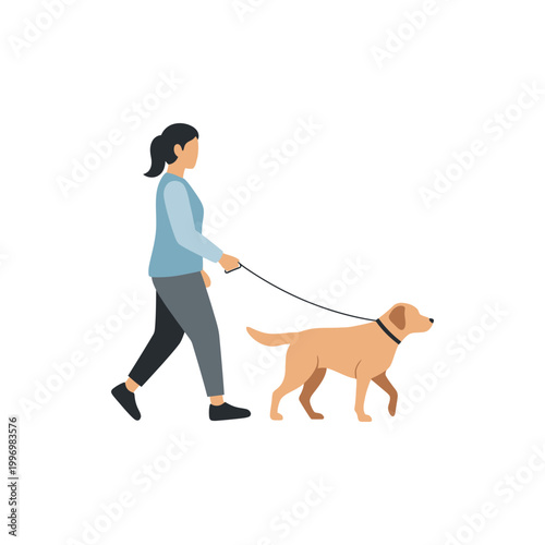 A woman walks her dog on a leash in a simple illustration