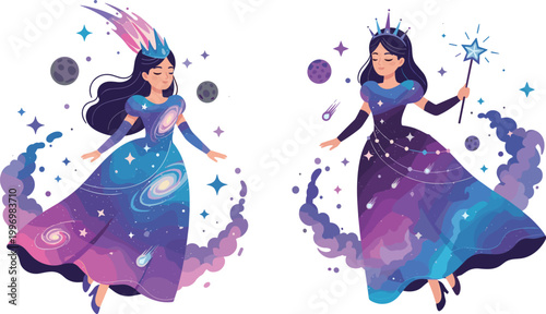 Magical Cosmic Princess Character Illustration with Galaxy-Themed Dress and Wand for Fantasy, Space, and Fairy Tale Designs