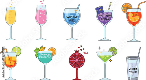 Sparkling Cocktail Vector Set Featuring Prosecco, Vodka Tonic, Tropical Fizz, and Sparkling Wine Glass Designs for Festive Drink Illustrations