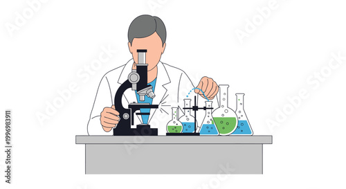 Scientist Working with Microscope and Laboratory Glassware