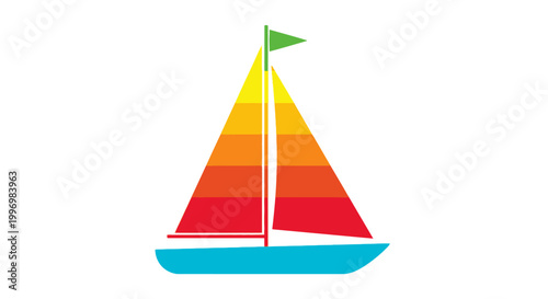 Sailboat with colorful triangular sails.