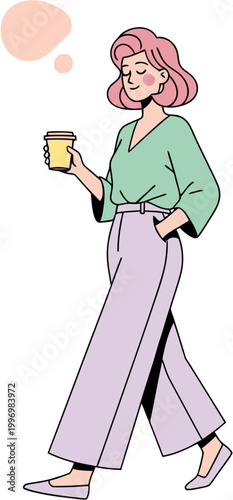 A cartoon woman with pink hair walking and holding a cup of coffee with a thought bubble