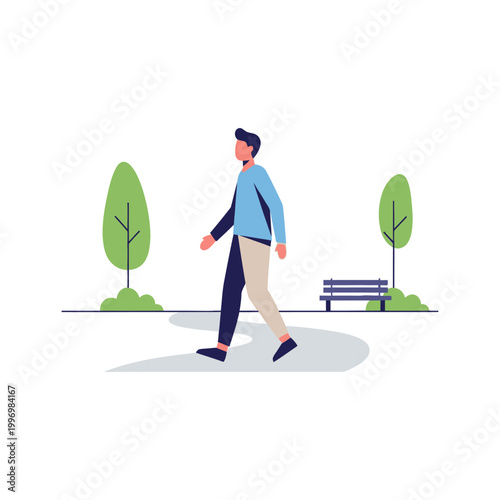 A man walking in a park with trees and a bench in the background