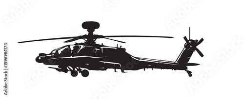 Attack Helicopter Silhouette Vector, Military Gunship in Flight, Black and White Aviation Illustration