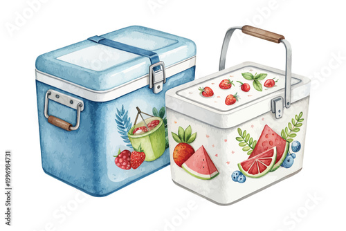 Watercolor Ice Cooler Box Icon, Picnic Storage Clipart, vector illustration Isolated on White background