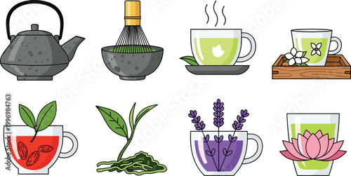 Tea Time Vector Collection Featuring Traditional Teapots, Green Tea Cups, Herbal Infusions, and Aromatic Flower Tea Illustrations for Beverage Graphics and Designs