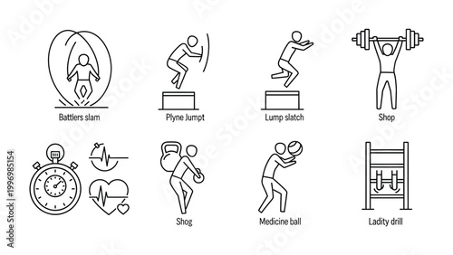 Fitness Exercise Icons: Visual Guide to Workout Routines | Comprehensive Training Symbols for Home and Gym | Dynamic Exercise Visualization: From Cardio to Strength Training