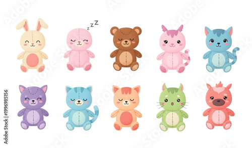 Quadro em tela Adorable plush doll character set with cute expressions and soft toy designs vec