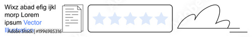 Business improvement, customer feedback, cloud storage, document sharing, rating system, online tools. Document with stars and cloud outlines. Customer feedback and cloud storage