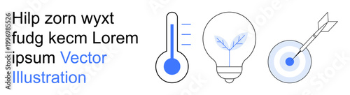 Environmental conservation, renewable energy, precision goals, climate impact, eco-friendly innovation, sustainability. Thermometer, energy-efficient lightbulb target with arrow. Renewable energy
