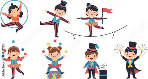 Circus Performer Character Illustration Set with Acrobats, Jugglers, Magicians, and Clowns for Kids, Entertainment, and Fun Designs