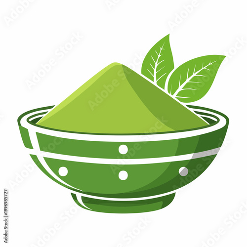 Green Matcha Powder in Bowl with Leaves