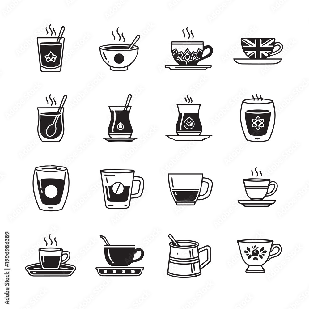 Fototapeta premium Collection of Various Hot Beverage Cups and Glasses with Steam in a Clean Line Art Style