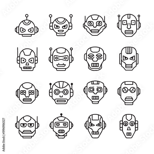 Collection of stylized robot head icons for technology and AI concepts