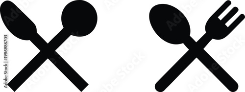 Crossed cutlery icons black stylized for food service restaurant dining and culinary themes.